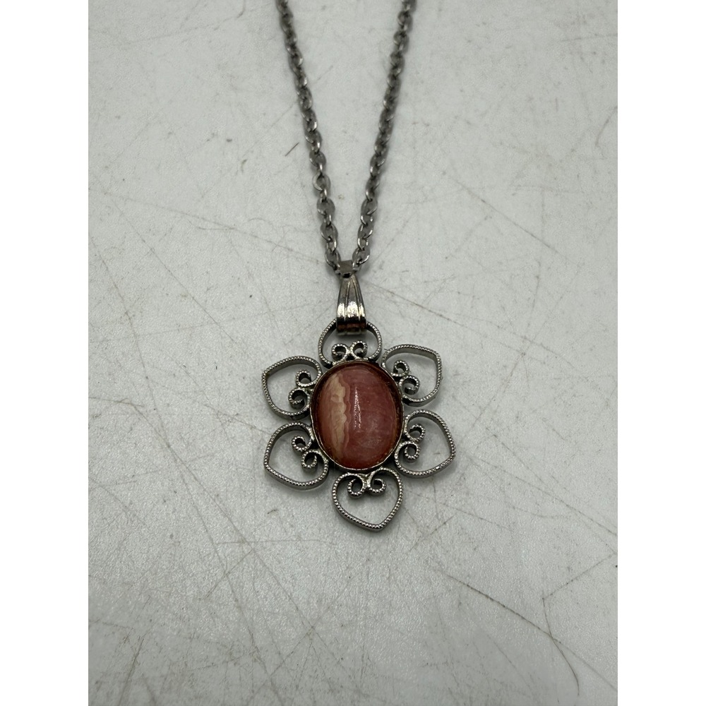 Vintage Silver Tone Pink Stone Flower Heart Filigree Pendant Necklace 22 Inch